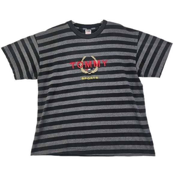 Vintage "Tommy Sports" ~Men's Size XL~ Gray Striped Embroidered Logo T-Shirt. - Picture 1 of 10